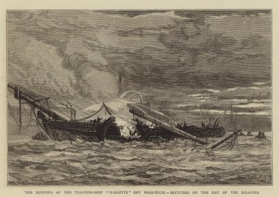 El incendio del barco de entrenamiento Warspite frente a Woolwich, esbozado el día del desastre de Walter William May